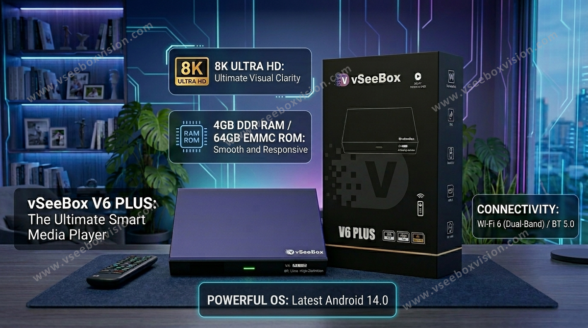 The vSeeBox V6 Plus runs Android 14 and delivers true 8K streaming. Enjoy split-screen multitasking and a backlit voice remote with Google Assistant.