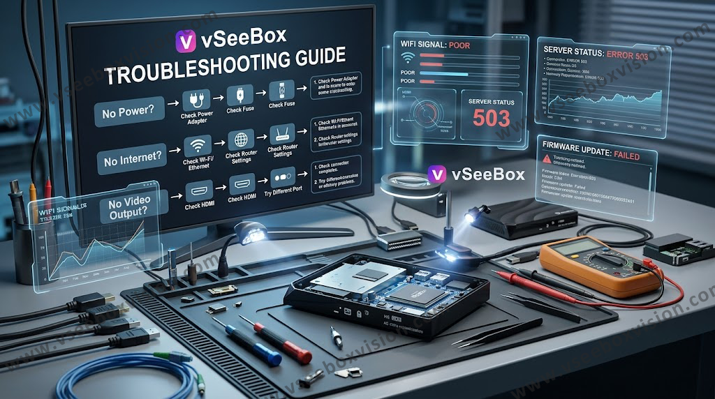 If your vSeeBox has network issues, first restart the router and vSeeBox, preferably connecting via Ethernet or 5GHz Wi‑Fi for stable streaming.