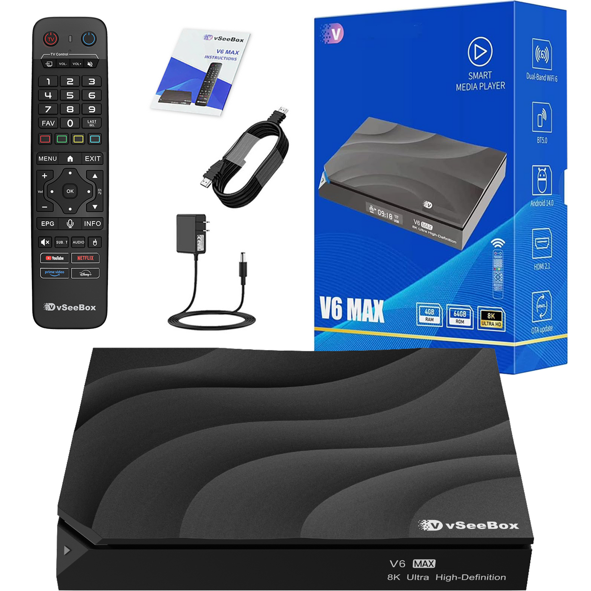 vSeeBox V6 MAX smart media player bundle including the black device, remote control, power adapter, cable, manual, and blue retail box on