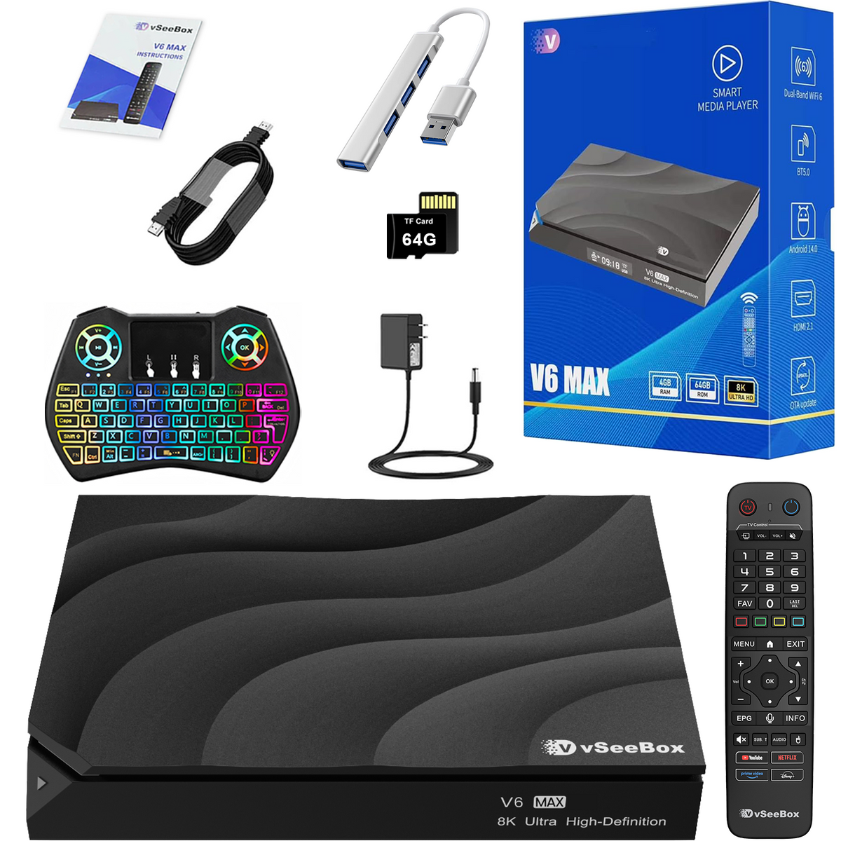vSeeBox V6 MAX smart media player bundle including the black 8K ultra-high-definition media player box, a wireless RGB mini keyboard controller, a USB hub, a USB cable, a 64GB microSD card, a power adapter, and a remote control