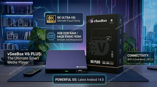 The vSeeBox V6 Plus runs Android 14 and delivers true 8K streaming. Enjoy split-screen multitasking and a backlit voice remote with Google Assistant.