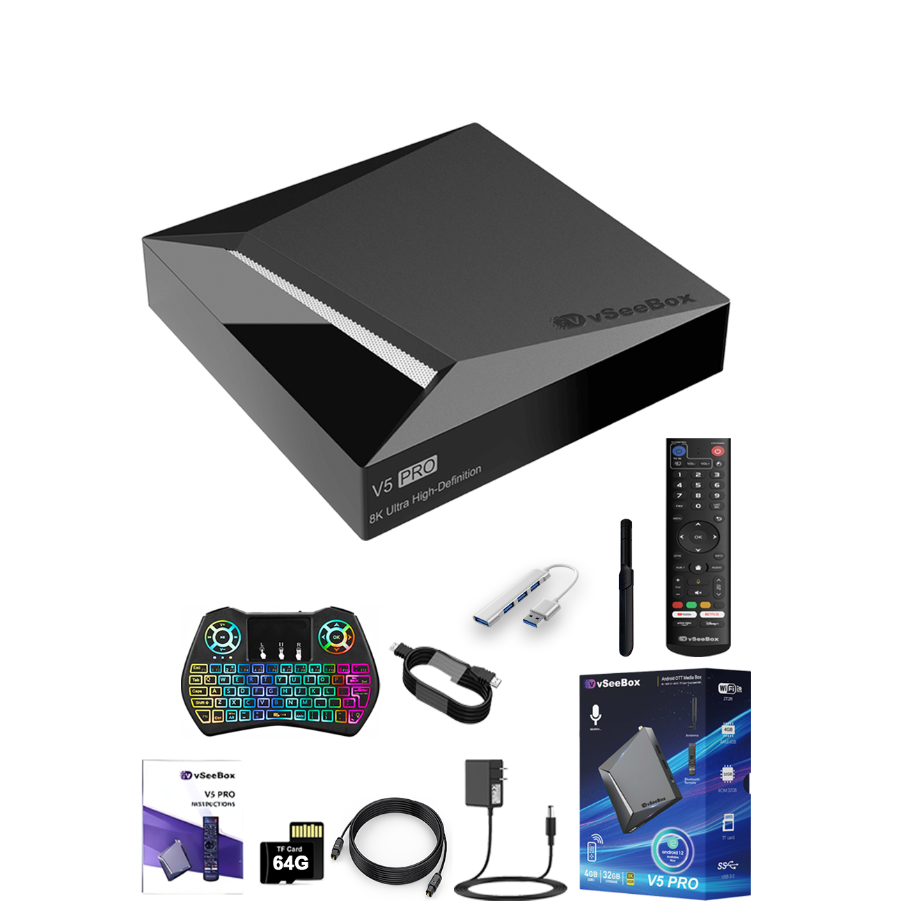 vSeeBox V5 Pro with Extra Accessories(Backlit Keyboard, USB Hub, 64G TF Cards..)