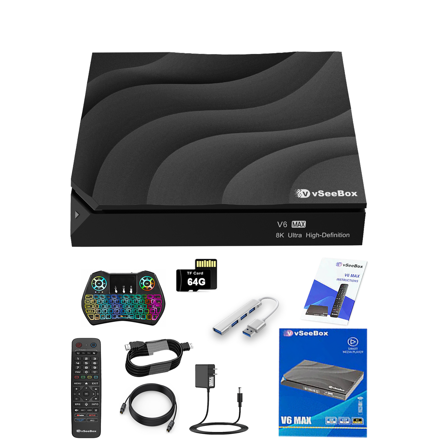 vSeeBox V6 Max with Extra Accessories(Backlit Keyboard, USB Hub, 64G TF Cards..)