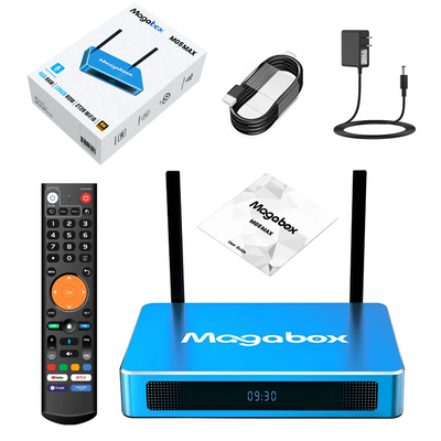 Magabox MG5 MAX Android TV box set with a bright blue streaming device, black remote control, power adapter, cable