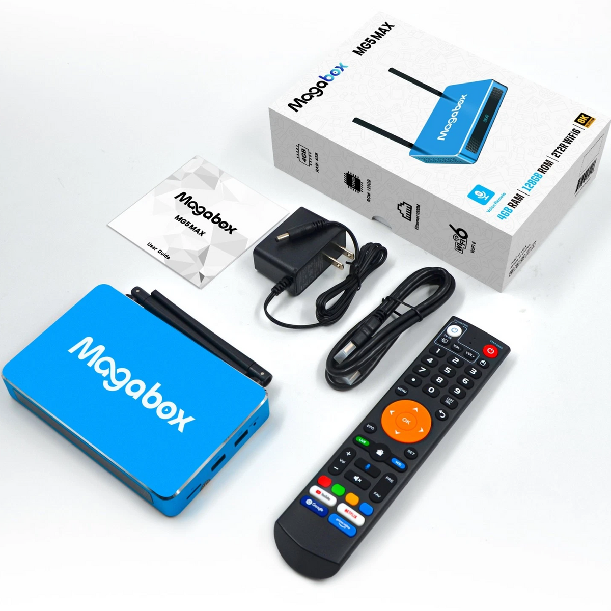A blue Magabox M5 MAX streaming box shown with its retail box, remote control, power adapter, and cable