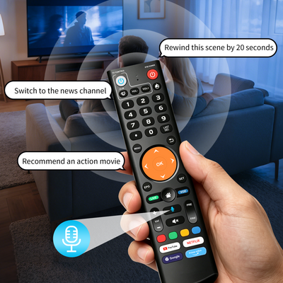A hand holding a black smart TV remote control in front of a living room scene with a TV, sofa, and people in the background. White callout bubbles and icons explain features like rewinding the scene, switching to the news channel, recommending an action movie, and voice control.