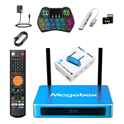 Magabox smart TV box bundle with a blue 4K streaming box, wireless remote, mini keyboard with RGB backlighting, USB dongles, power adapter, and SD card