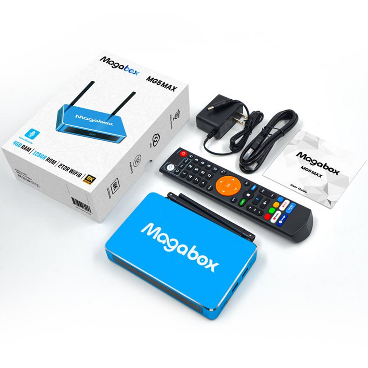 A Magabox MG5 Max Android TV box set on a white background, including the blue and white receiver box, a blue receiver device with antennas, a black remote control, a power adapter, a cable