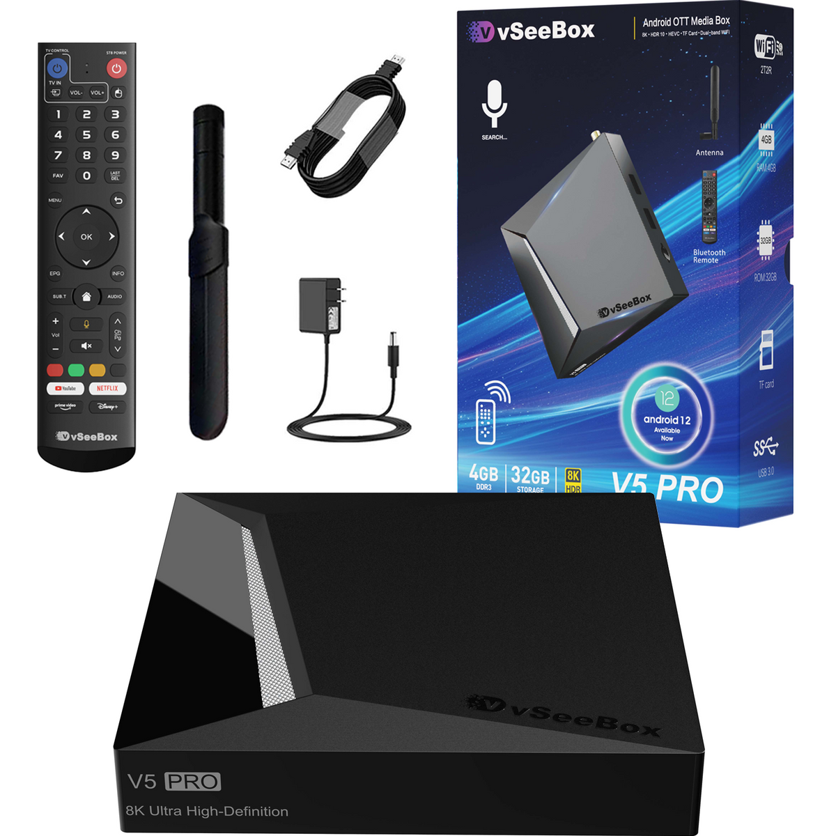 vSeeBox V5 Pro 4K Ultra HD media box bundle including the black receiver, remote control, dongle, power adapter, and retail packaging box