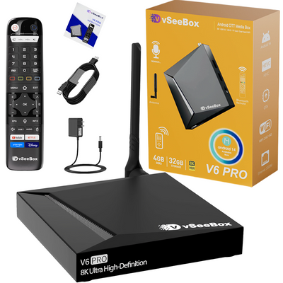 vSeeBox V6 PRO OTT media box set with a black receiver, black remote control, black cable, power adapter, user manual